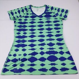 Nike Pro Dri Fit TShirt Women's Large Green Blue Short Sleeve V-Neck Stretch Top